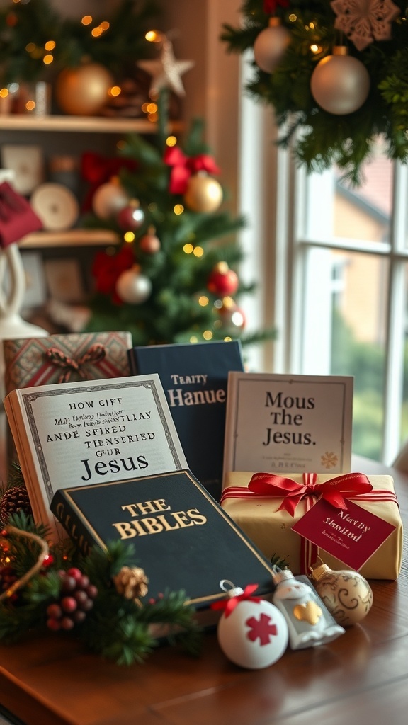 Christmas Gift Ideas Inspired by Jesus A collection of Christmas gifts including a Bible, books, and ornaments, arranged in a festive setting.